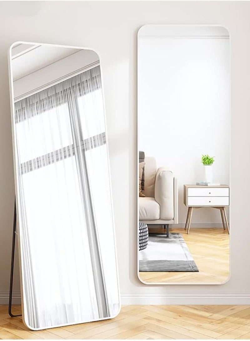 ديكور هيلز مرآة كاملة الطول 147 × 37 سم - مرآة مستطيلة كاملة الجسم مع حامل، مرآة أرضية بزاوية مستديرة بإطار من سبائك الألومنيوم، مرآة خلع الملابس قائمة أو مثبتة على الحائط لغرفة النوم (أبيض) - Image 3