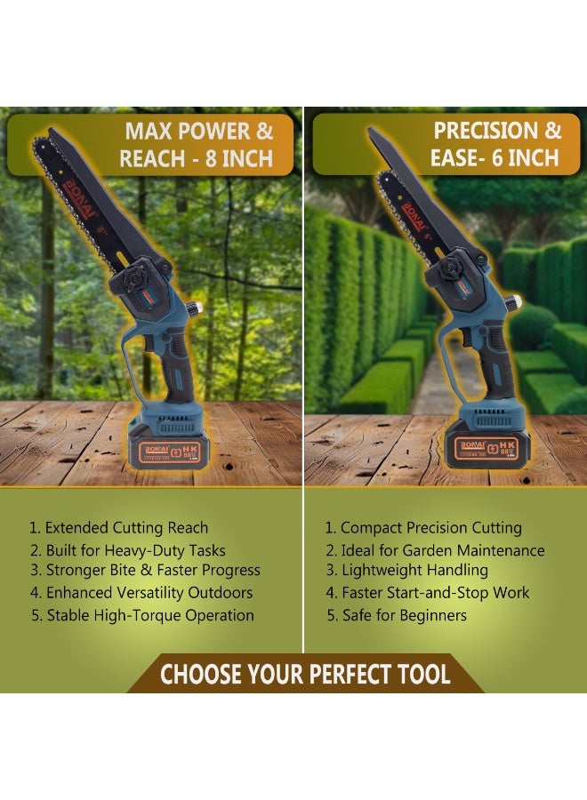 بوناي منشار كهربائي لاسلكي 6+8 بوصة، منشار كهربائي صغير 2 في 1 مزود بمحرك عالي الطاقة وبطارية كبيرة وخفيف الوزن ومحمول، مجموعة أدوات قطع الخشب وتشذيب الحدائق - BN-HK102 - Image 5