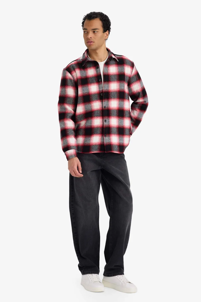 DeFacto Regular Fit Polo Neck Flannel Plaid Long Sleeve Shirt