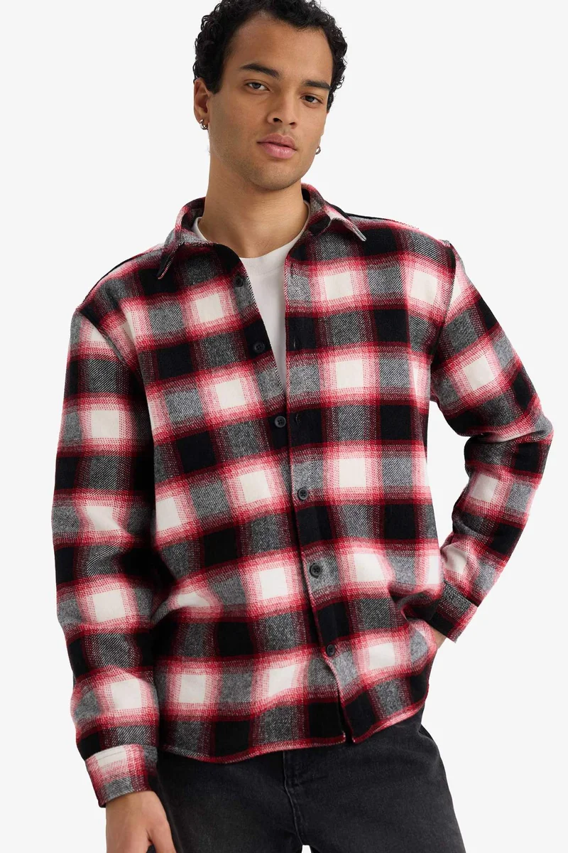 DeFacto Regular Fit Polo Neck Flannel Plaid Long Sleeve Shirt