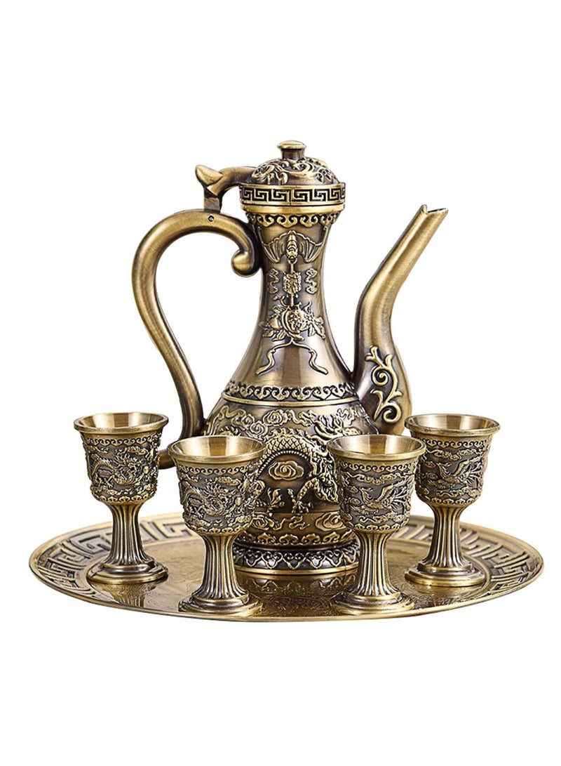 SOLARAE طقم إبريق القهوة التركي العتيق، طقم خدمة الشاي بما في ذلك 4 أكواب معدنية وصينية شاي لتزيين طاولة الشاي، طقم خدمة الشاي لتزيين طاولة الشاي المنزلية، هدية زفاف، حفلة شاي منزلية (برونزي) - Image 1