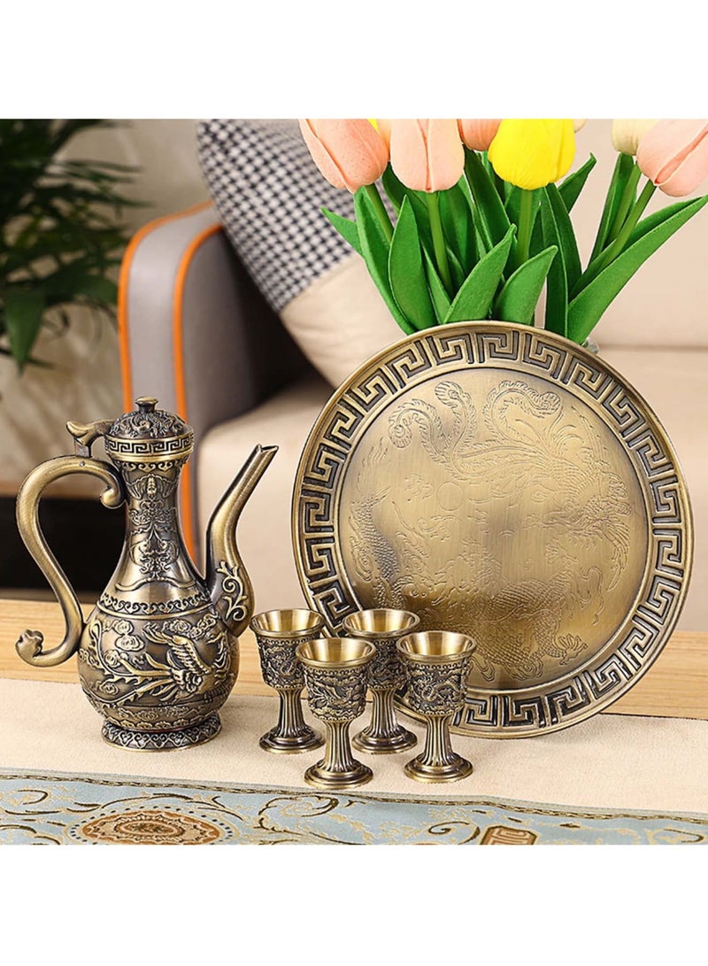 SOLARAE طقم إبريق القهوة التركي العتيق، طقم خدمة الشاي بما في ذلك 4 أكواب معدنية وصينية شاي لتزيين طاولة الشاي، طقم خدمة الشاي لتزيين طاولة الشاي المنزلية، هدية زفاف، حفلة شاي منزلية (برونزي) - Image 5