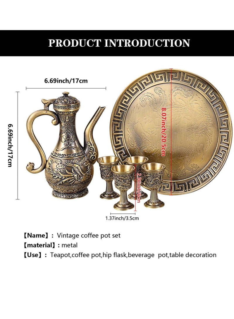 SOLARAE طقم إبريق القهوة التركي العتيق، طقم خدمة الشاي بما في ذلك 4 أكواب معدنية وصينية شاي لتزيين طاولة الشاي، طقم خدمة الشاي لتزيين طاولة الشاي المنزلية، هدية زفاف، حفلة شاي منزلية (برونزي) - Image 2
