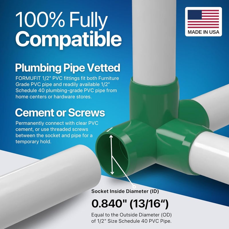 FORMUFIT 1/2” 4-Way Tee Furniture Grade PVC Fitting in Green, Made in USA, UV-Resistant, Impact-Proof, 0.840” Actual Socket Diameter (Pack of 10) - F0124WT-GR-10 - Image 5