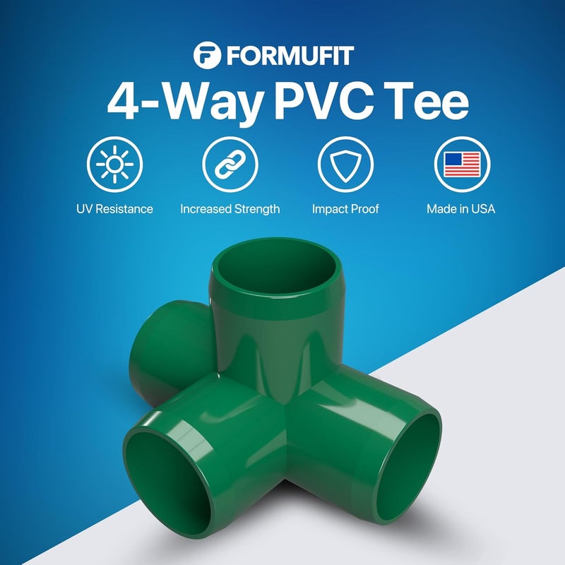 FORMUFIT 1/2” 4-Way Tee Furniture Grade PVC Fitting in Green, Made in USA, UV-Resistant, Impact-Proof, 0.840” Actual Socket Diameter (Pack of 10) - F0124WT-GR-10 - Image 2