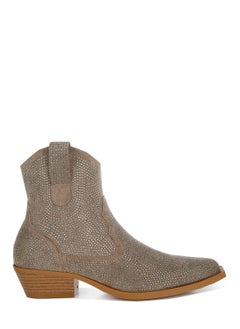 London Rag Rhinestones Embellished Cowboy Boots in Taupe  - Image 1