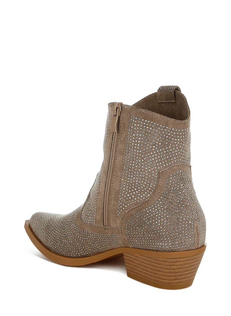 London Rag Rhinestones Embellished Cowboy Boots in Taupe