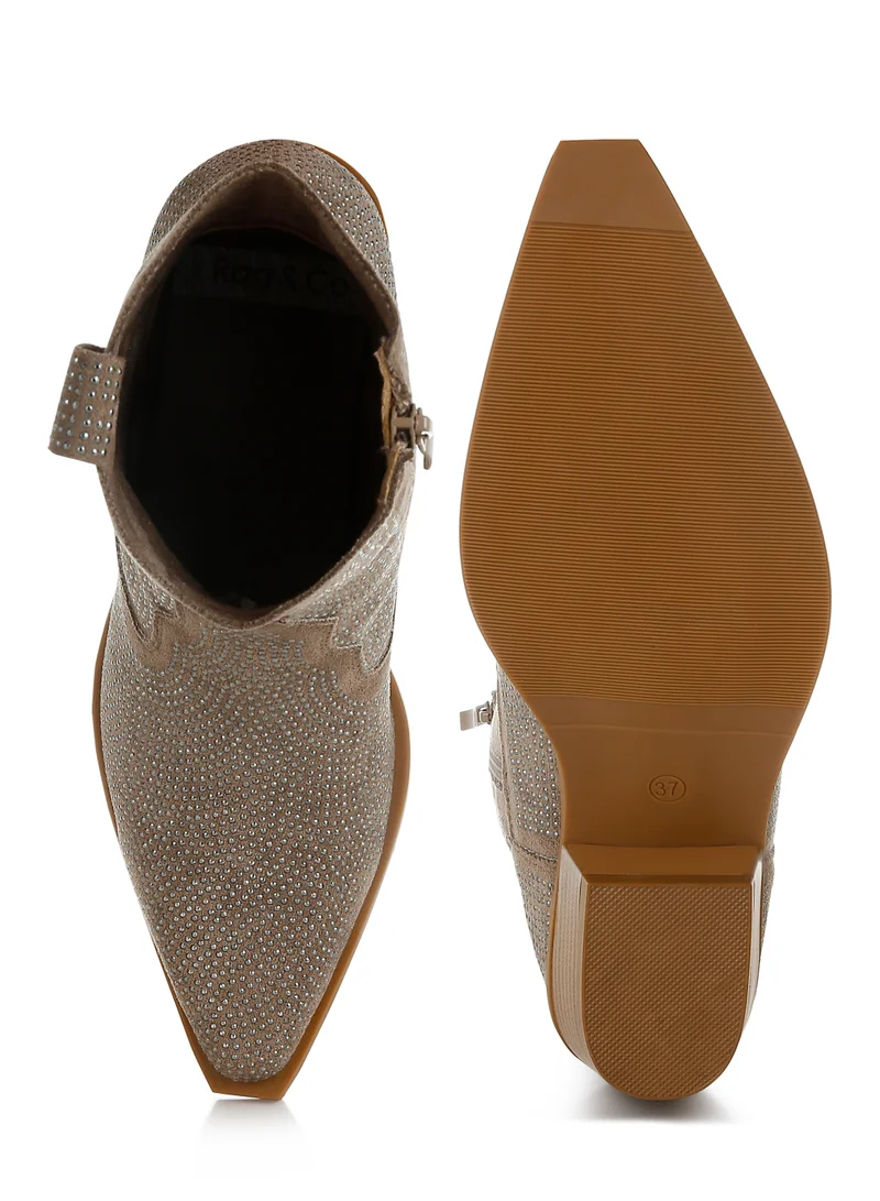London Rag Rhinestones Embellished Cowboy Boots in Taupe