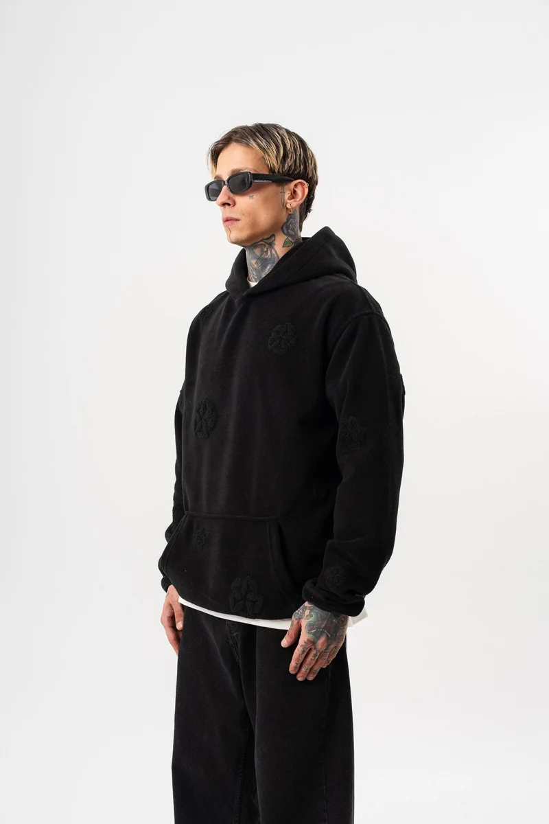 RESPIRE Men's Süzene Embroidery Detail Hooded Oversize Fleece Hoodie Black