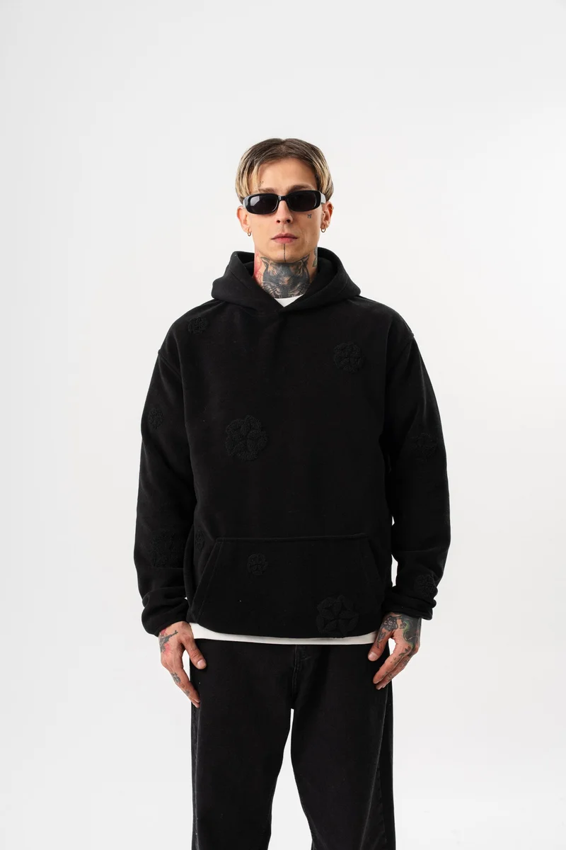 RESPIRE Men's Süzene Embroidery Detail Hooded Oversize Fleece Hoodie Black