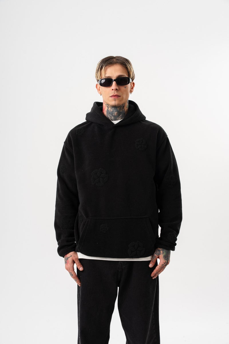 RESPIRE Men's Süzene Embroidery Detail Hooded Oversize Fleece Hoodie Black - Image 1
