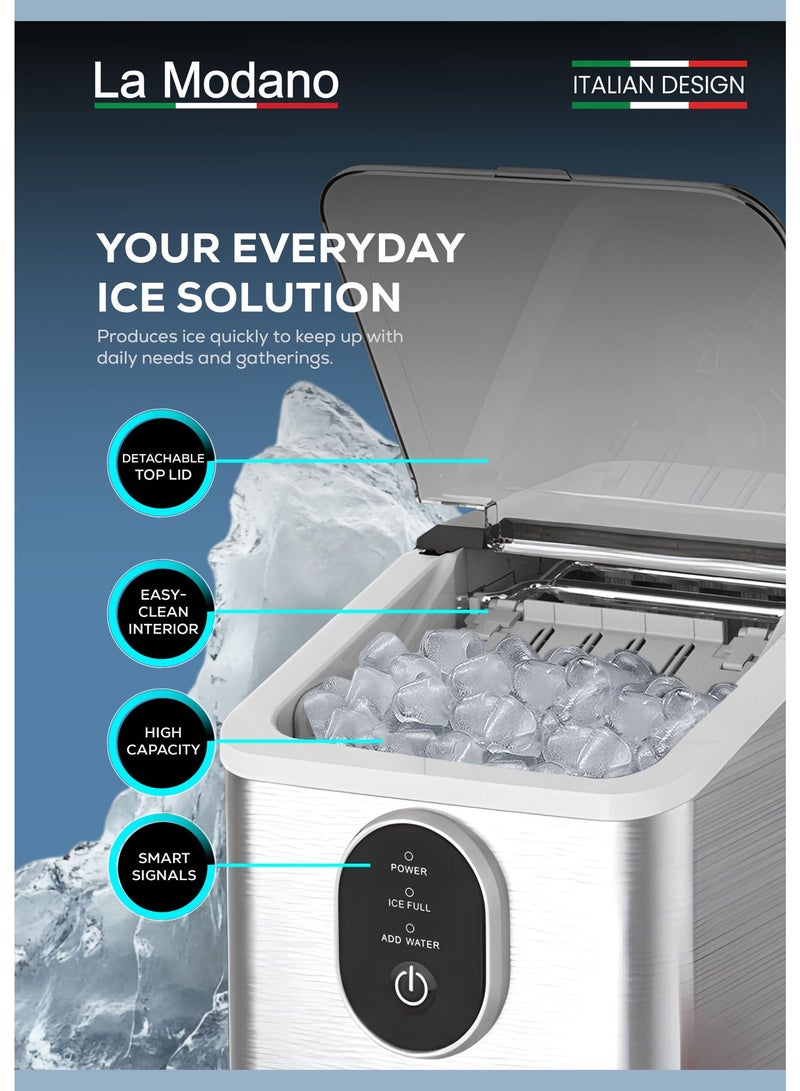 لا مودانو ماكينة صنع الثلج LA MODANO، سعة 12 كجم/24 ساعة، ثلج رصاصي، هيكل من الفولاذ المقاوم للصدأ، تصميم صغير الحجم مناسب لسطح الطاولة، صنع سريع للثلج – LMIM37 (ضمان لمدة عام واحد) - Image 3