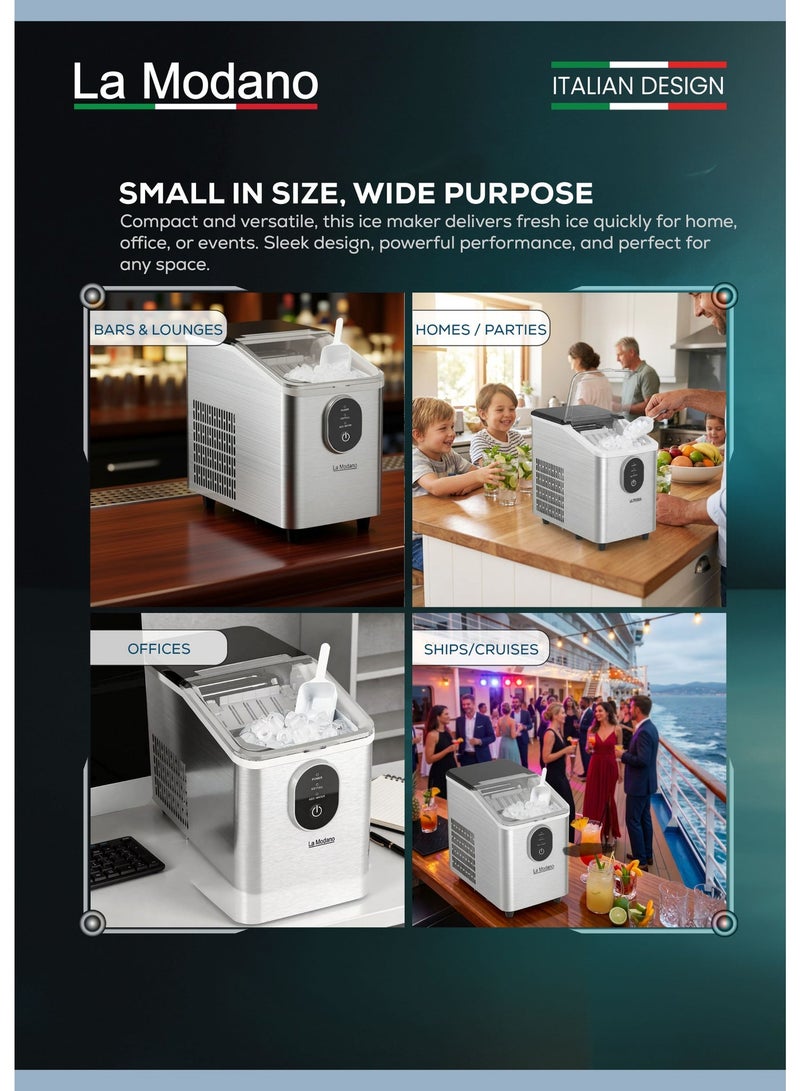 لا مودانو ماكينة صنع الثلج LA MODANO، سعة 12 كجم/24 ساعة، ثلج رصاصي، هيكل من الفولاذ المقاوم للصدأ، تصميم صغير الحجم مناسب لسطح الطاولة، صنع سريع للثلج – LMIM37 (ضمان لمدة عام واحد) - Image 5