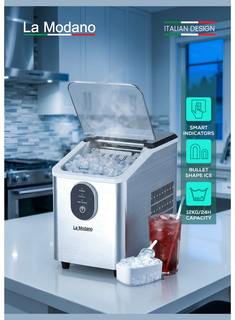 لا مودانو ماكينة صنع الثلج LA MODANO، سعة 12 كجم/24 ساعة، ثلج رصاصي، هيكل من الفولاذ المقاوم للصدأ، تصميم صغير الحجم مناسب لسطح الطاولة، صنع سريع للثلج – LMIM37 (ضمان لمدة عام واحد) - Image 1