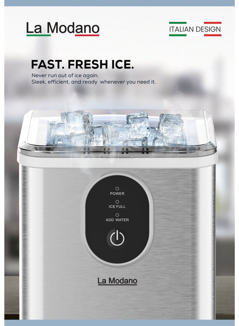 لا مودانو ماكينة صنع الثلج LA MODANO، سعة 12 كجم/24 ساعة، ثلج رصاصي، هيكل من الفولاذ المقاوم للصدأ، تصميم صغير الحجم مناسب لسطح الطاولة، صنع سريع للثلج – LMIM37 (ضمان لمدة عام واحد) - Image 2