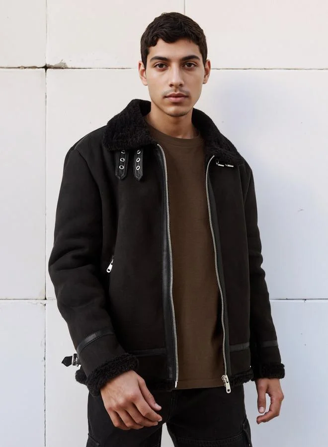 Lee Cooper Men Regular Fit Faux Fur Lined Suede Jacket