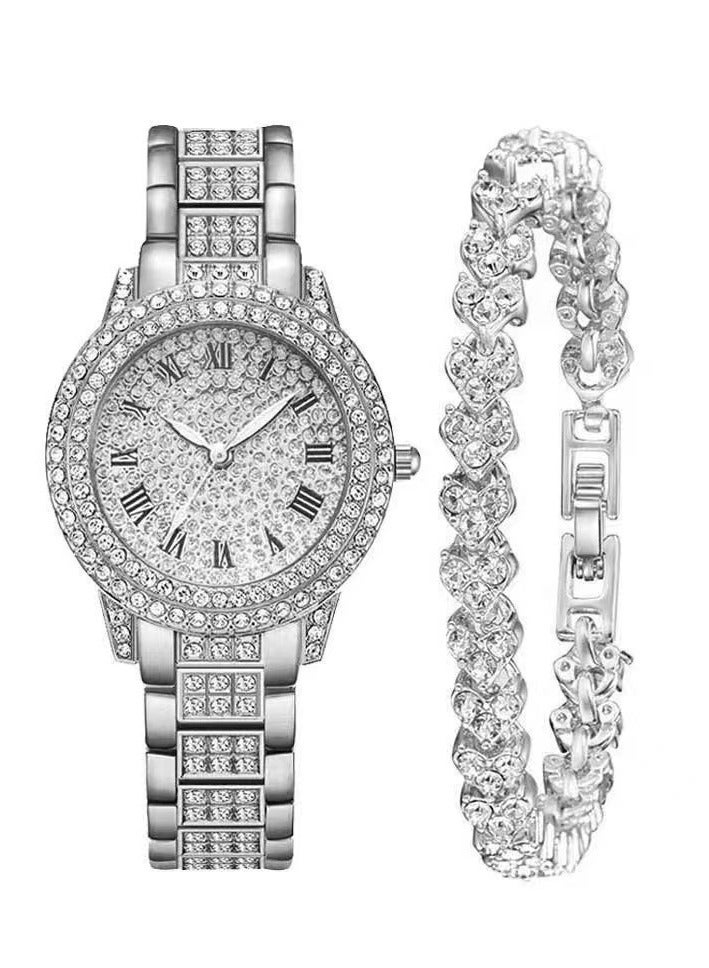 Diamond Roman Pattern Women's Watch Bracelet Silver Watch Bracelet Set - Image 1