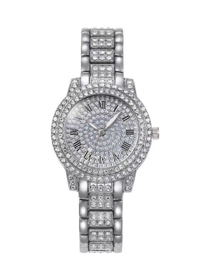 Diamond Roman Pattern Women's Watch Bracelet Silver Watch Bracelet Set - Image 2