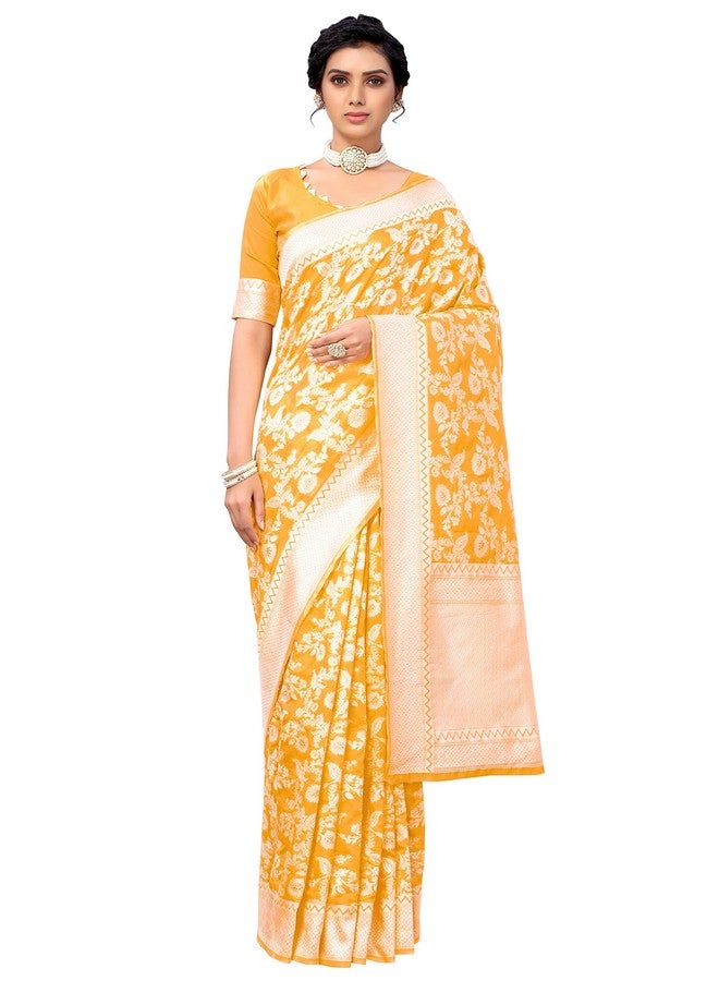 Glory Sarees ساري غلوري للنساء من الحرير الصناعي الباناراسي مع قطعة بلوزة (كارا124_أصفر) - Image 3