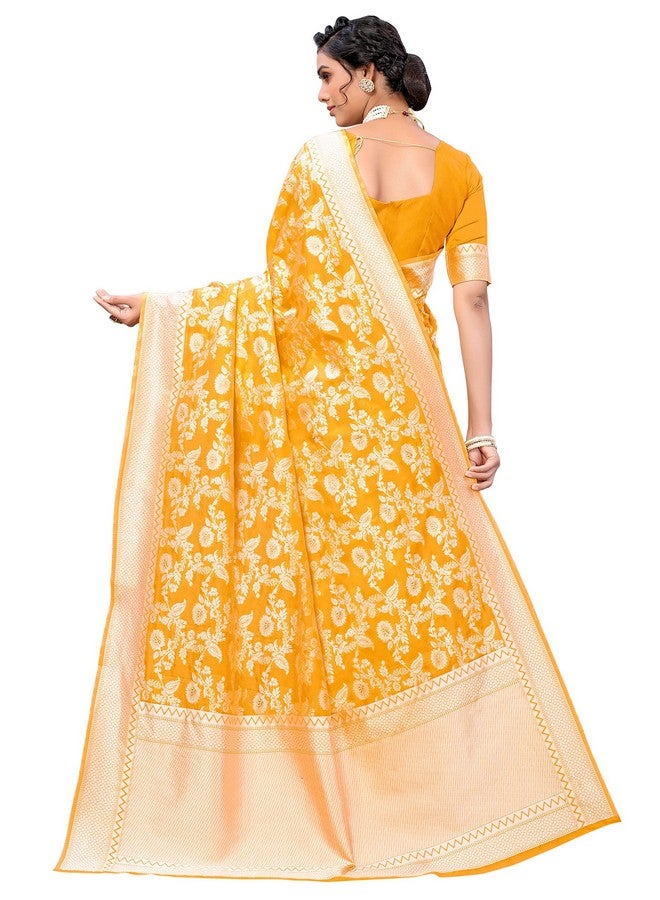 Glory Sarees ساري غلوري للنساء من الحرير الصناعي الباناراسي مع قطعة بلوزة (كارا124_أصفر) - Image 4