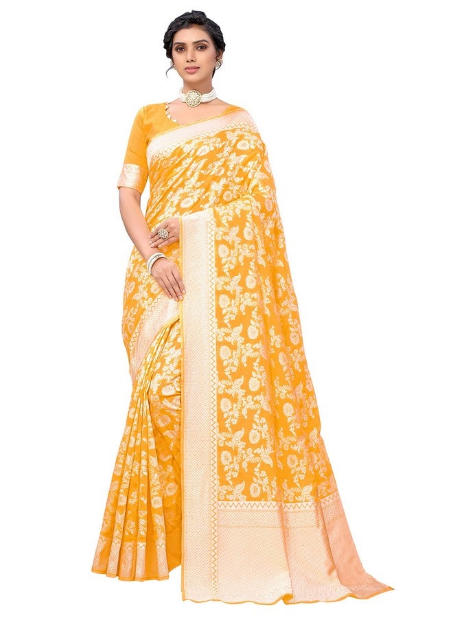 Glory Sarees ساري غلوري للنساء من الحرير الصناعي الباناراسي مع قطعة بلوزة (كارا124_أصفر) - Image 1