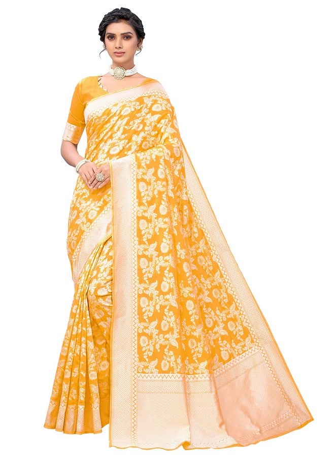 Glory Sarees ساري غلوري للنساء من الحرير الصناعي الباناراسي مع قطعة بلوزة (كارا124_أصفر) - Image 2