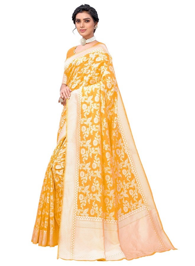 Glory Sarees ساري غلوري للنساء من الحرير الصناعي الباناراسي مع قطعة بلوزة (كارا124_أصفر) - Image 5