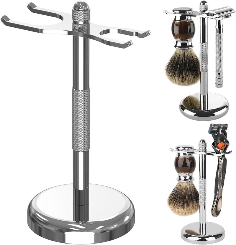 Linkidea Razor and Brush Stand Holder Deluxe Mens Stainless Steel Shaving Brush Hanger Base Shaver Kit Organizer for Bathroom Shower Compatible with Fusion 5 ProShield Silver