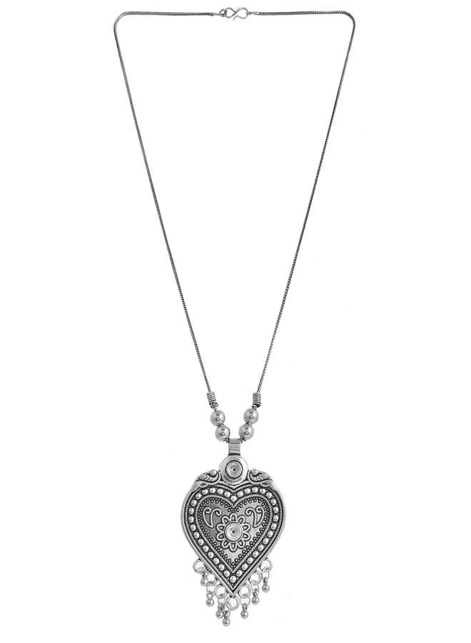 Naman Arts Oxidised Heart Shaped Floral Pendant Necklace for Women | Antique Love Charm | Pure Brass Lightweight Ethnic Boho Chain Necklace - Image 2