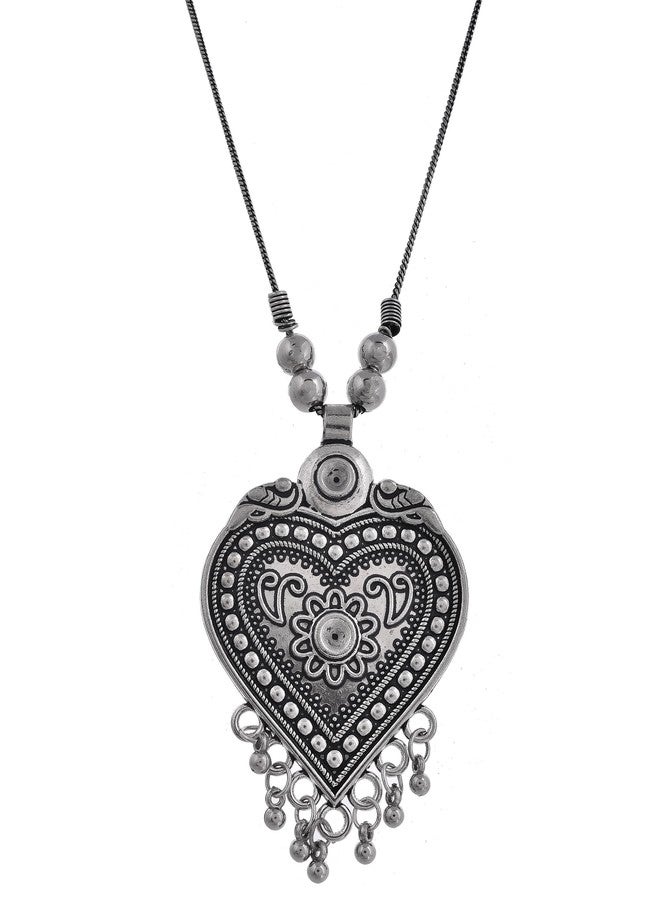 Naman Arts Oxidised Heart Shaped Floral Pendant Necklace for Women | Antique Love Charm | Pure Brass Lightweight Ethnic Boho Chain Necklace - Image 1