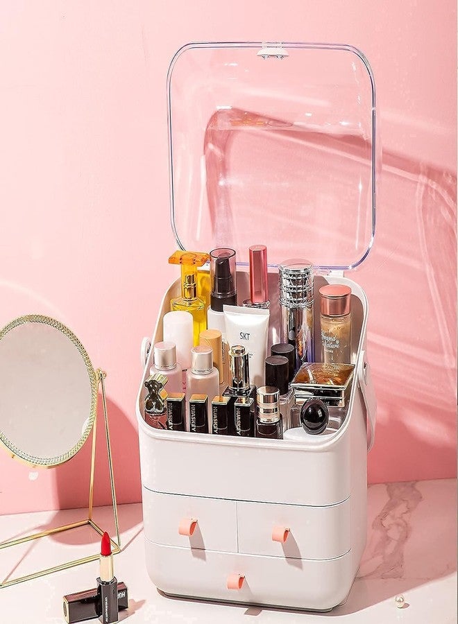 PUSHKH Cosmetic Organizer Waterproof & Dustproof Cosmetics Storage Box Fully Open Lid Makeup Organizer Display Box for Bathroom Countertop Dresser Multi-function Organizer, White - Image 3