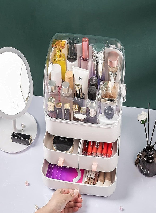 PUSHKH Cosmetic Organizer Waterproof & Dustproof Cosmetics Storage Box Fully Open Lid Makeup Organizer Display Box for Bathroom Countertop Dresser Multi-function Organizer, White - Image 2