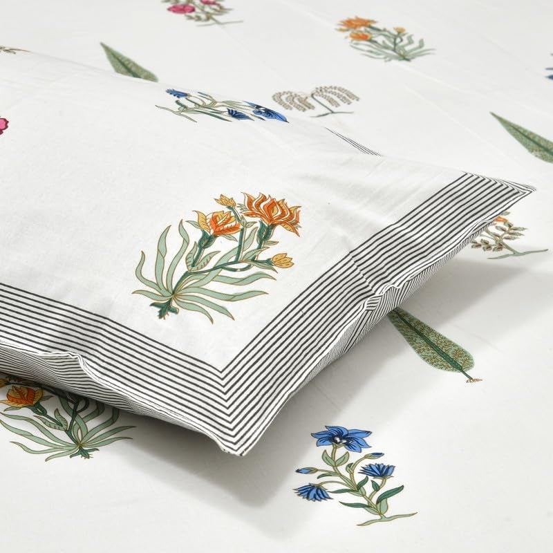 DE CAMA Since 1997 | 100% Cotton 300 TC Premium King Size Bedsheet for Double Bed (90 x 108 Inch) with 2 Pillow Covers Set (17 x 27 Inch) Hand Block Printed Bedsheet Set - Paradise Block Print, White - Image 5