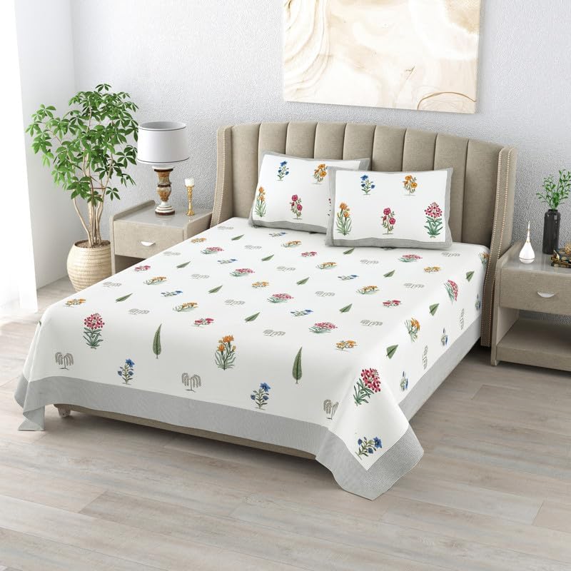 DE CAMA Since 1997 | 100% Cotton 300 TC Premium King Size Bedsheet for Double Bed (90 x 108 Inch) with 2 Pillow Covers Set (17 x 27 Inch) Hand Block Printed Bedsheet Set - Paradise Block Print, White - Image 3