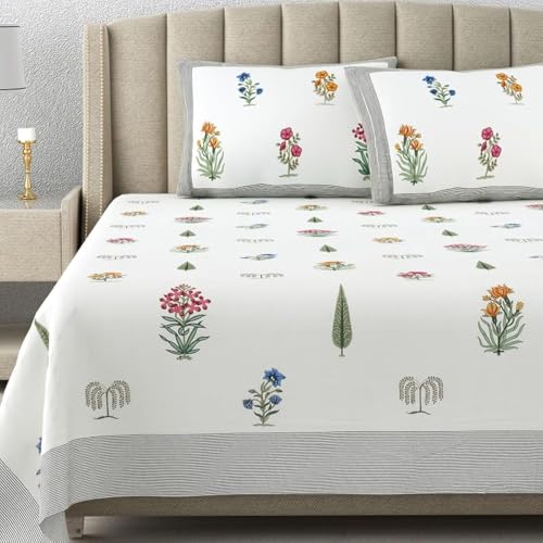 DE CAMA Since 1997 | 100% Cotton 300 TC Premium King Size Bedsheet for Double Bed (90 x 108 Inch) with 2 Pillow Covers Set (17 x 27 Inch) Hand Block Printed Bedsheet Set - Paradise Block Print, White - Image 1