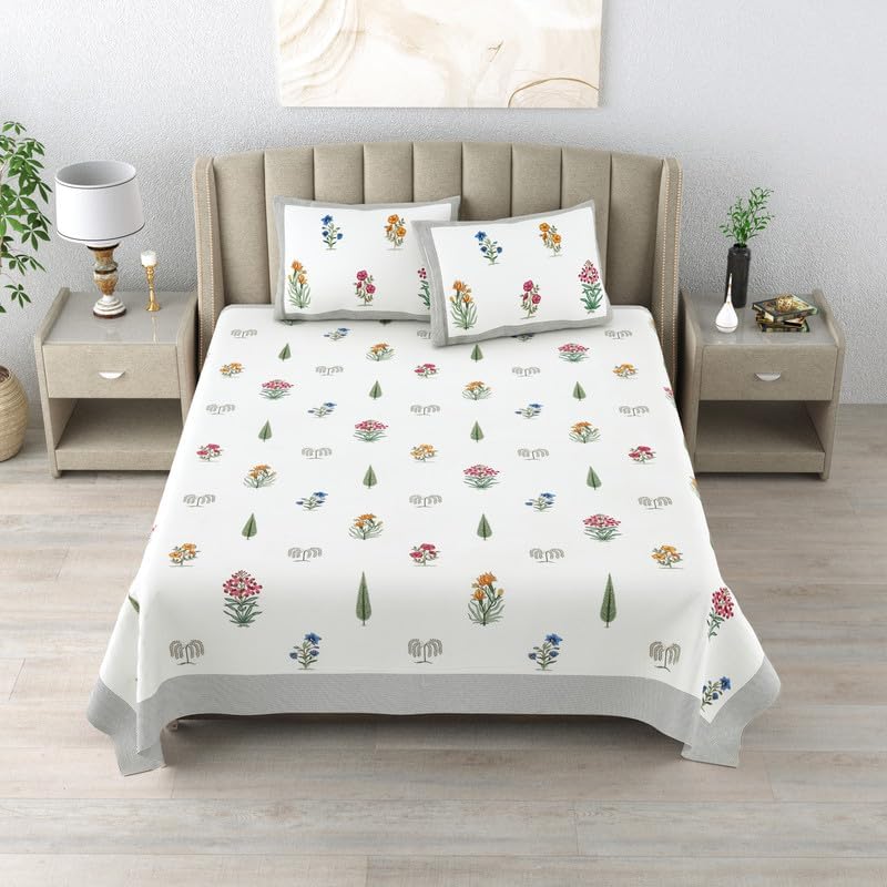 DE CAMA Since 1997 | 100% Cotton 300 TC Premium King Size Bedsheet for Double Bed (90 x 108 Inch) with 2 Pillow Covers Set (17 x 27 Inch) Hand Block Printed Bedsheet Set - Paradise Block Print, White - Image 4