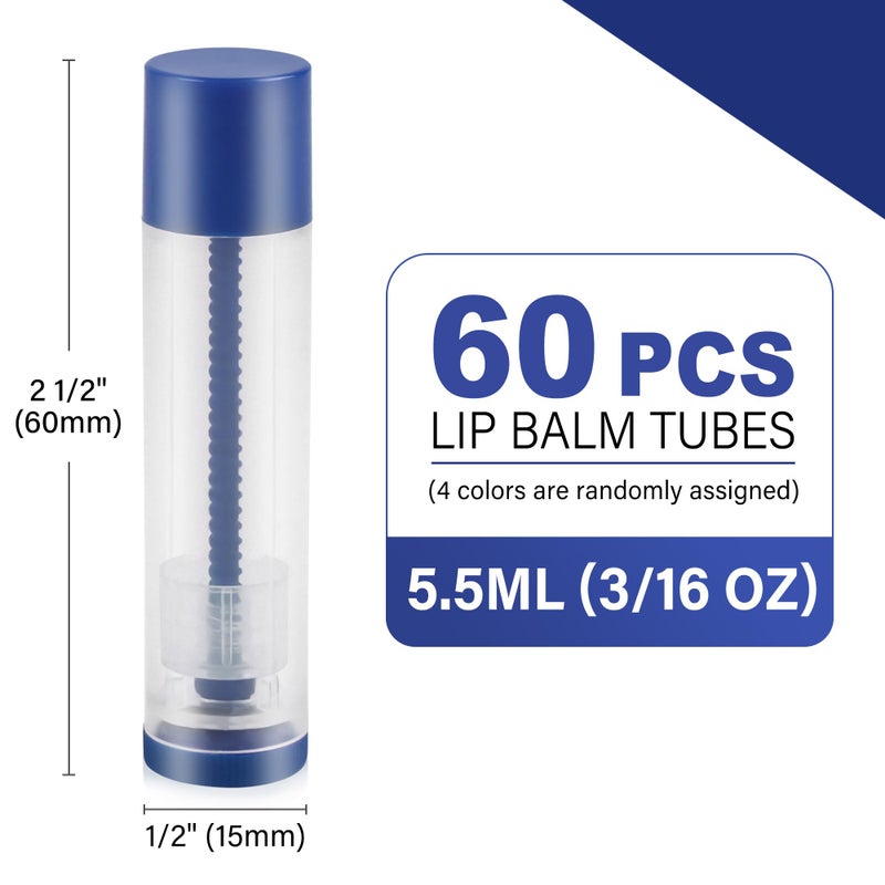 LotFancy Lip Balm Tubes, 60 Empty, 5.5ml, Clear Plastic Containers with 4 Color Caps, BPA Free, Leak Free, Refillable (Yellow White Blue Red) - Image 2