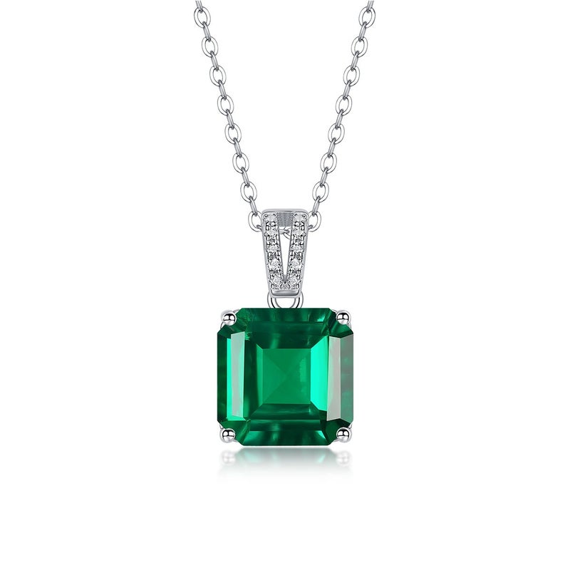 S925 Silver Pendant Necklace with Lab-Grown Emerald, Geometric Design, 925 Sterling Silver Jewelry for Women