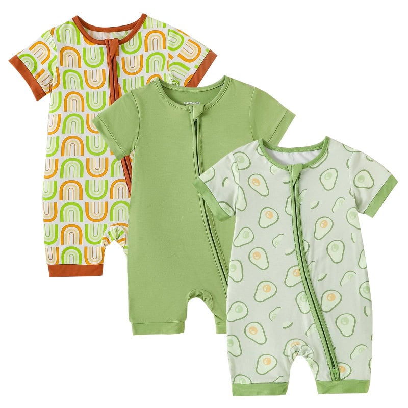 OPAWO Baby Girl Pajamas 3 Pack, 2 Way Zipper Sleepers Baby Girl Girl Romper, Toddler Summer Clothes Outfits 0-24M(Avocado/Rainbow/Sage Green,0-3 Months) - Image 1