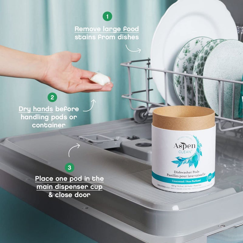 AspenClean | Unscented Dishwasher Pods | Cuts Grease and Grime | Zero Plastic | Non - Toxic | 100% Natural Dishwasher Detergent | EWG Verified - 28 Count - Image 4