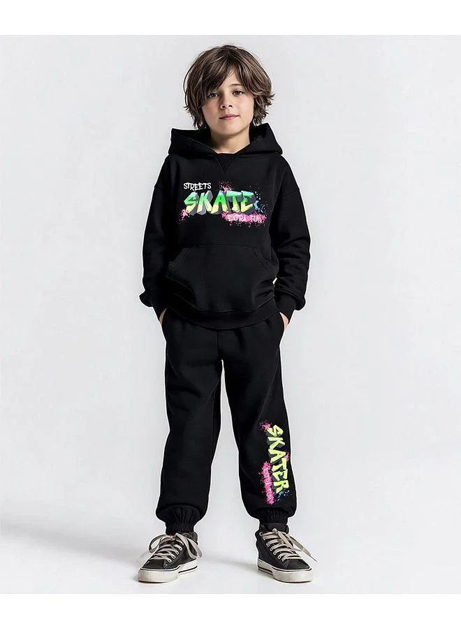 Primo Gino Primo Gino 100% Cotton French Terry Oversized Drop Shoulder Full Sleeves Hoodie With Print At Chest And Oversized Jogger Co-ords Set - Black
