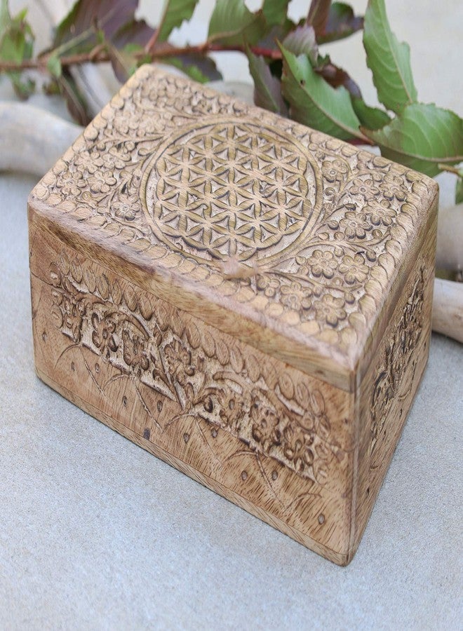 DharmaObjects Hand Carved Flower Of Life Jewelry Trinket Keepsake Wooden Storage Box (Natural) - Image 1