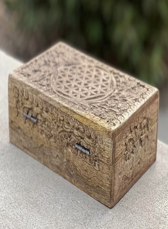 DharmaObjects Hand Carved Flower Of Life Jewelry Trinket Keepsake Wooden Storage Box (Natural) - Image 2