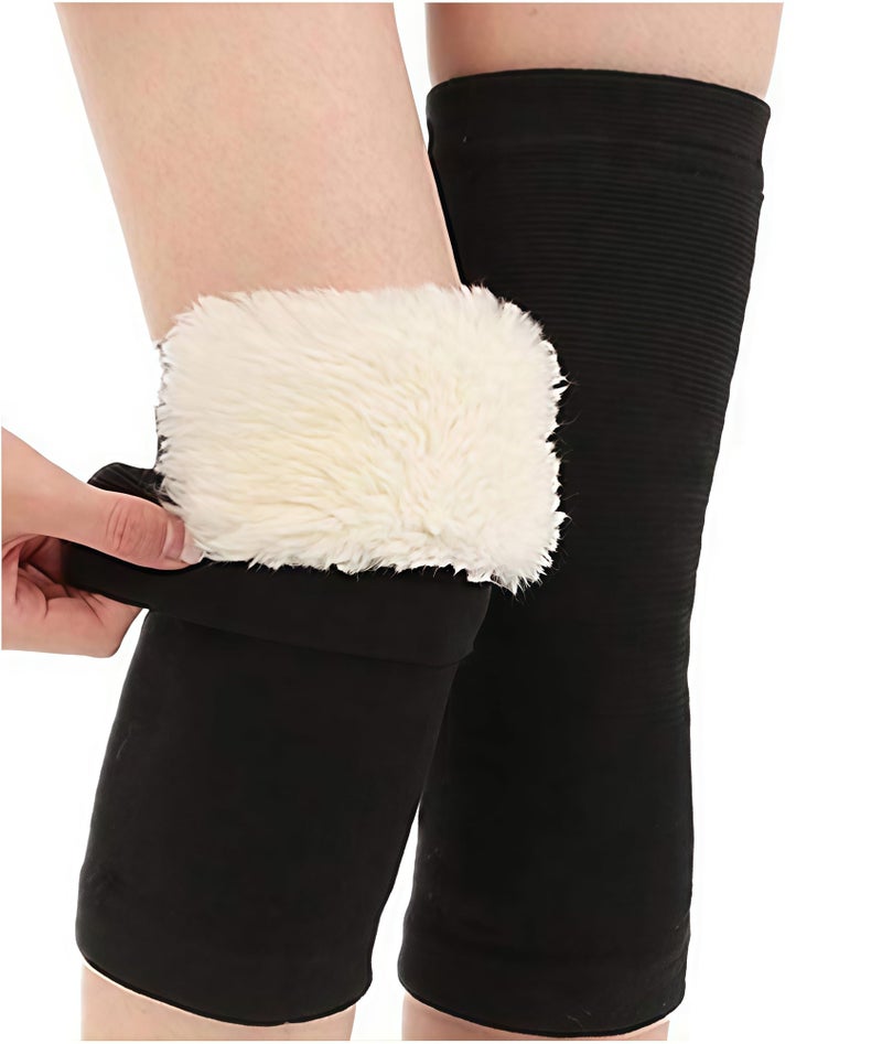 QUUPY 1 Pair Unisex Thicken and Lengthen Knee Pads Winter Warmth and Velvet Knee Pads Thermal Knee Joint Brace Pad Leg Warmer Sleeves Knee Support for Women Men Cold Weather (Black, XL Size) - Image 1