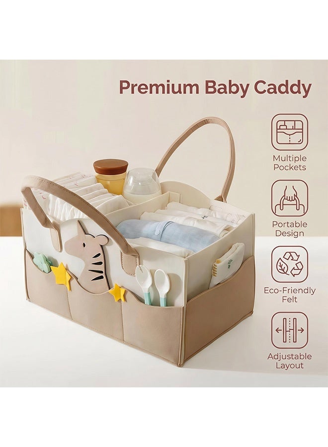 Cute Zebra Pattern Felt Diaper Caddy Organizer,Spacious Multi Compartment Foldable Baby Essentials Storage Basket With Detachable Dividers Carry Handles,for Nursery Changing Table Home Travel Car Baby Shower Gift - Image 2