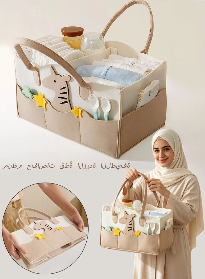 Cute Zebra Pattern Felt Diaper Caddy Organizer,Spacious Multi Compartment Foldable Baby Essentials Storage Basket With Detachable Dividers Carry Handles,for Nursery Changing Table Home Travel Car Baby Shower Gift - Image 1