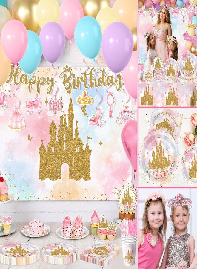 YTGUVBK Princess Birthday Party Decorations, 282Pcs Princess Party Decorations Includes Plates,Napkins,Tablecloth,Balloons,Banner,Cake Topper,Hanging Swirl,Castle Backdrop for Girls Fairy Tale Party Supplies - Image 5