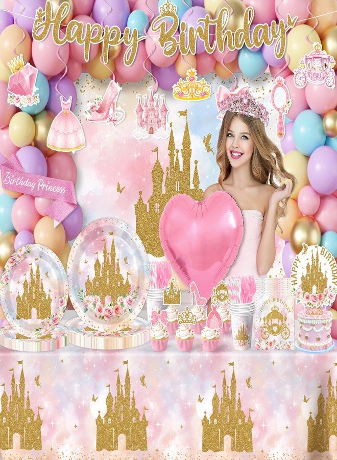 YTGUVBK Princess Birthday Party Decorations, 282Pcs Princess Party Decorations Includes Plates,Napkins,Tablecloth,Balloons,Banner,Cake Topper,Hanging Swirl,Castle Backdrop for Girls Fairy Tale Party Supplies - Image 3