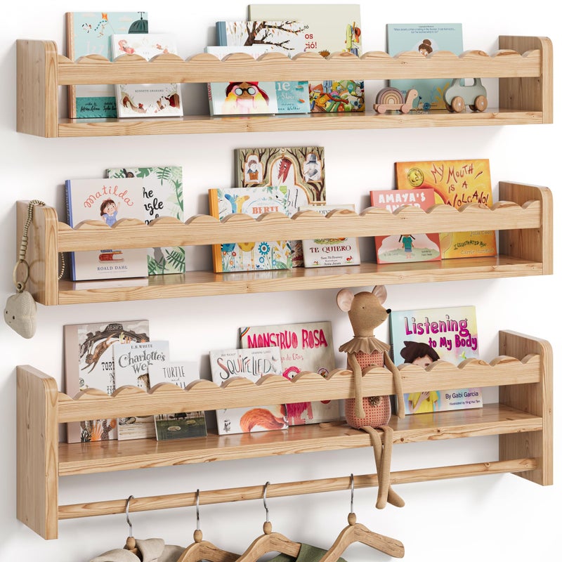Seocry Nursery Book Shelves, Scalloped Shelves, Floating Book Shelves for Wall, Nursery Deocr for Baby, Toddler(Wood, 23 Inches) - Image 1