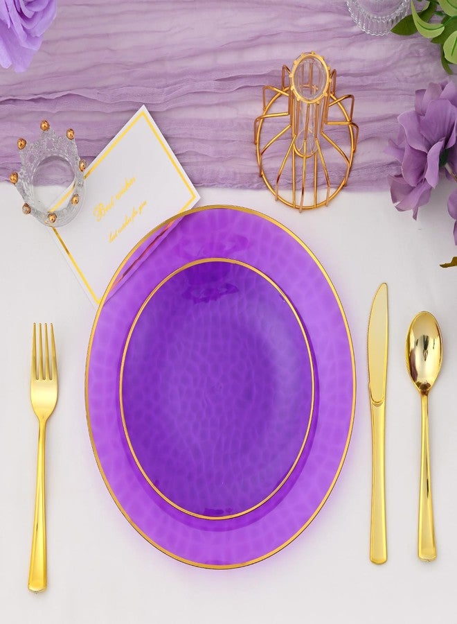 ISFANGCO 72Pcs Disposable Clear Purple Plastic Plates with Gold Rim, Purple Disposable Plates, Hammered Plastic Party Plate Includes 36 10.25" Dinner and 36 7.5" Dessert Plates for Party & Wedding - Image 3